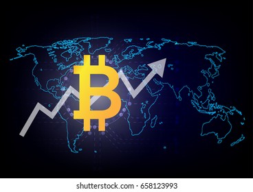 Fintech Financial Technology concept image. Digital currencies , cryptocurrency , digital money and bitcoin concept. Bitcoin icon and electric circuit graphic, on blue background