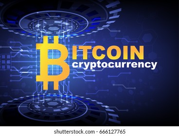 Fintech Financial Technology concept image. Digital currencies , cryptocurrency , digital money and bitcoin concept. Bitcoin icon and electric circuit graphic, on blue background