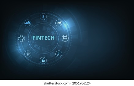 Fintech Financial technology concept.Icon Fintech and things on dark blue technology background represents the connection Financial technology and Investment. Business concept on virtual screen.