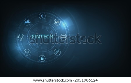 Fintech Financial technology concept.Icon Fintech and things on dark blue technology background represents the connection Financial technology and Investment. Business concept on virtual screen.