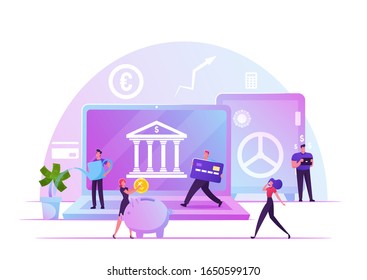 Fintech, Financial Technology, Digital Bank Service Concept. People Using Mobile Banking And Finance Management Ui For Internet Mobile Payments, Transfers And Deposits. Flat Vector Illustration