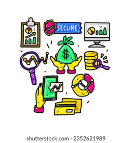 Fintech financial technology doodle collection set