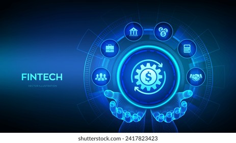 Fintech. Financial technology icon in wireframe hands. Online banking and crowdfunding. Business investment banking payment technology concept. Vector illustration.