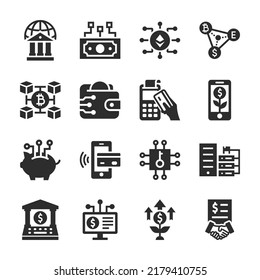 Fintech, Finanz-Technologie-Symbole gesetzt. E-Geld. Online-Banking. Speicherung und Transfer von E-Währungen. Einfarbiges Schwarz-Weiß-Symbol. einzelne Vektorgrafik