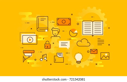 Fin-tech (financial technology) mechanism background. Lineart style illustration on yellow background.