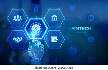 Fintech. Financial technology, online banking and crowdfunding. Business investment banking payment technology concept on virutal screen. Wireframe hand touching digital interface. Vector illustration