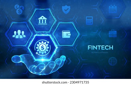 Fintech. Financial technology, online banking and crowdfunding icon in wireframe hand. Business investment banking payment technology concept on virutal screen. Vector illustration.