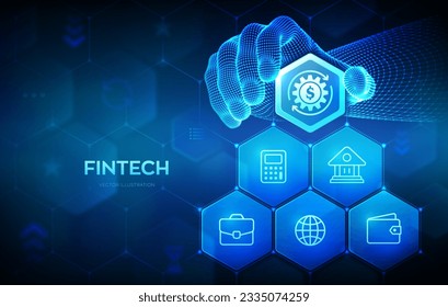 Fintech. Financial technology, online banking and crowdfunding business concept on virutal screen. Wireframe hand places an element into a composition visualizing Fintech. Vector illustration.