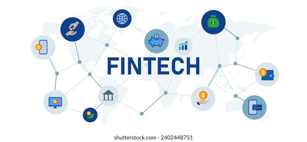 Fintech tecnología financiera concepto de transacción en línea encabezado de banner conjunto de iconos conectado ilustración de símbolo