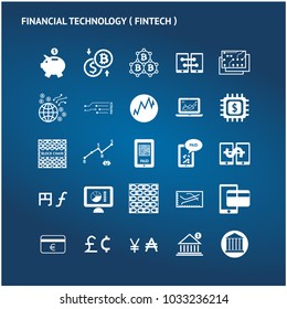 Fintech , Financial technology trend concept. White icons set of money future , blockchain , bitcoin on blue background.
