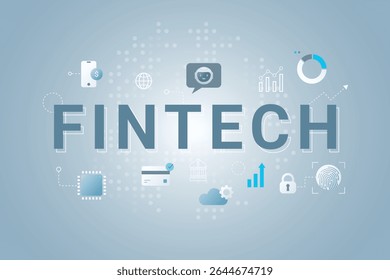 Fintech (Financial Technology) word lettering illustration with icons for web banner, flyer, landing page, presentation, book cover, article in minimal clean style.