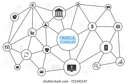 Fin-tech (financial technology) workflow illustration, blockchain background.