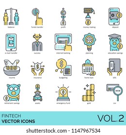 Fintech flat vector icons. Balance, funds transfer, profit, money making, deposit, internet banking, education savings, income, insurance, budgeting, home loan, bills, retirement, assets, gold, CVV.