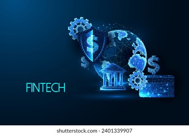 Fintech Horizon, Shaping the Future of Global Finance futuristic concept in glowing low polygonal style on dark blue background. Modern abstract connection design vector illustration.