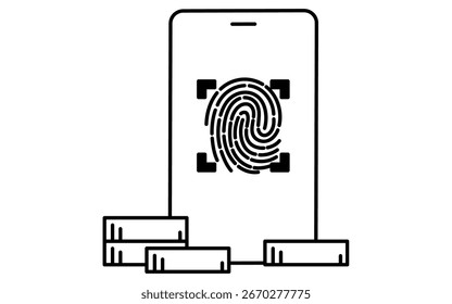 Fintech icon of accessing financial assets with smartphone fingerprint authentication, secure digital banking vector illustration