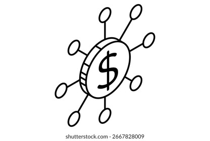 Ícone Fintech de blockchain com símbolo de dólar, moeda digital e ilustração vetorial de tecnologia financeira