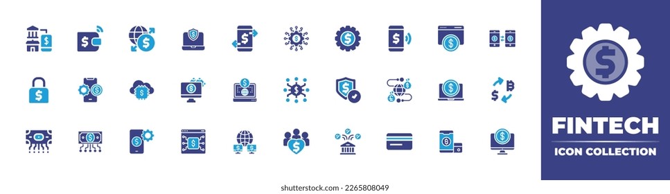 Fintech icon collection. Duotone color. Vector illustration. Containing transfer, insurance, global network, wallet, fintech, protect, online, global, digital money, transaction, ecommerce, setting.