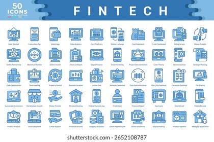 Fintech icon collection. Simple blue vector illustrations.