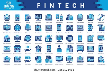 Colección de iconos de Fintech. Ilustraciones vectoriales de relleno de color simples.