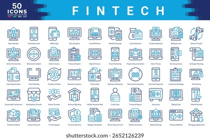 Fintech icon collection. Simple color outline vector illustrations.