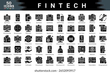 Fintech icon collection. Simple glyph vector illustrations.