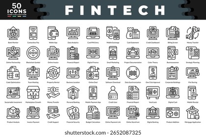 Colección de iconos de Fintech. Ilustraciones vectoriales de contorno simples.