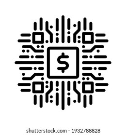 Icono de Fintech. Símbolo de moneda colocado en el medio del circuito. Vector de línea. Aislado sobre fondo blanco.
