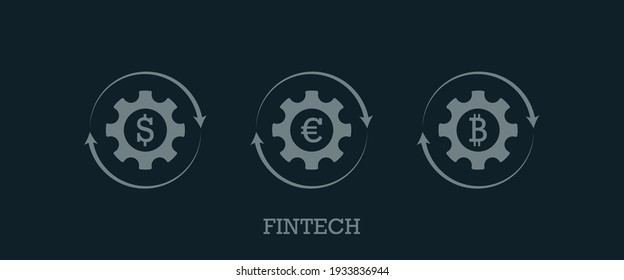 Icono de Fintech. Concepto de gestión financiera. Dólar, euro, símbolo de bitcoin. Icono de vector plano