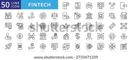 fintech icon outline pack contains financial, technology, high speed network, fraud detection, online payment, mobile banking, digital identity, prerequisites, cryptocurrency, blockchain, ai