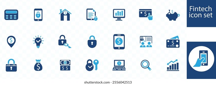 Fintech icon set. Containing digital banking, cryptocurrency, mobile payment, reteach, blockchain, robe-advisors, financial services and more. Vector solid icons