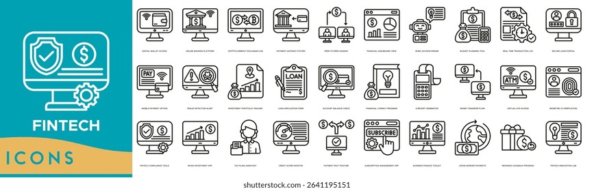 Fintech Icon set. Digital Wallet Access, Online Banking Platform, Cryptocurrency Exchange Hub, Payment Gateway System, Peer to Peer Lending, Financial Dashboard View and Robo Advisor Engine