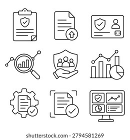 Fintech icon set with document data analysis security and user interface elements linear style