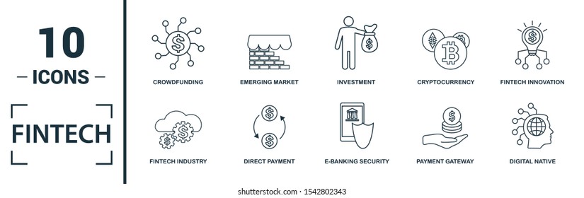 Fintech icon set. Include creative elements online banking, direct payment, fintech, cryptocurrency, fintech industry icons. Can be used for report, presentation, diagram, web design.