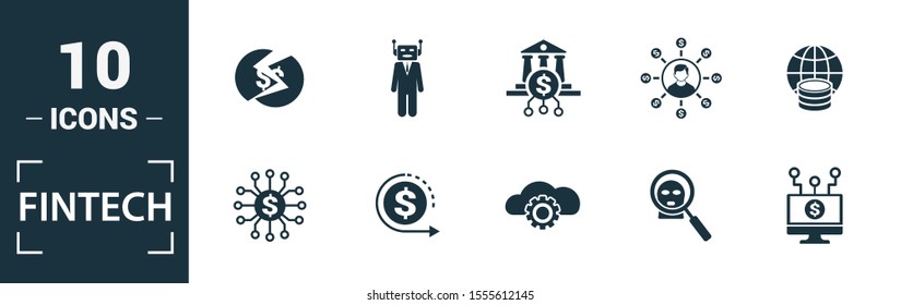 Fintech icon set. Include creative elements online banking, direct payment, fintech, cryptocurrency, fintech industry icons. Can be used for report, presentation, diagram, web design.