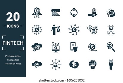 Fintech icon set. Include creative elements online banking, direct payment, fintech, cryptocurrency, fintech industry icons. Can be used for report, presentation, diagram, web design.