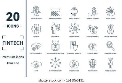 Fintech icon set. Include creative elements online banking, direct payment, fintech, cryptocurrency, fintech industry icons. Can be used for report, presentation, diagram, web design.