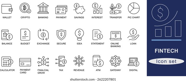 Conjunto de ícones do Fintech. Um moderno conjunto de ícones de linha com 30 projetos fintech exclusivos, incluindo carteira, criptografia, bancos e símbolos de pagamento. Perfeito para finanças, IU de aplicativo e projetos da Web.