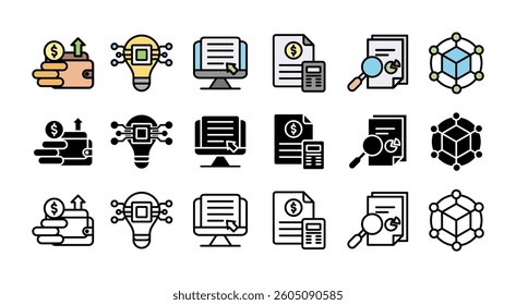 FINTECH icon set with multiple style financial, technology, digital, accounting, analysis and blockchain