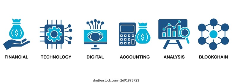 Fintech ícone conjunto vetor conceito de ilustração para financeiro, tecnologia, digital, contabilidade, análise e blockchain
