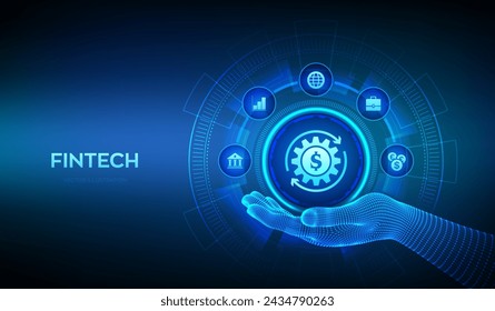 Icono de Fintech en la mano del modelo de alambres. Tecnología financiera, banca en línea y crowdfunding. Concepto de tecnología de pago de banca de inversión empresarial en pantalla virtual. Ilustración vectorial.