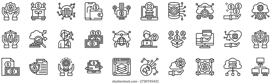 Iconos de Fintech colección. Ilustración vectorial. Incubadora, Edificio, Cartera digital, P2P, No bancarizada, Datos, SaaS, Inversión, API, Seguridad, Benchmark. Vector Pro	