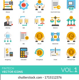 Fintech icons including abacus, API, asset, asymmetric key, ATM, attorney, b2b, b2c, balance, bank, big data, bill, bitcoin, blockchain, british pound, budgeting, calculator, chargeback, check, yuan.