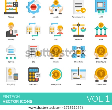 Fintech icons including abacus, API, asset, asymmetric key, ATM, attorney, b2b, b2c, balance, bank, big data, bill, bitcoin, blockchain, british pound, budgeting, calculator, chargeback, check, yuan.