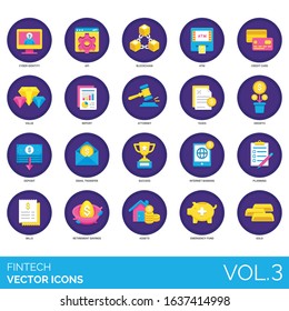 Fintech icons including API, blockchain, ATM, credit card, value, report, attorney, tax, growth, deposit, email transfer, success, internet banking, planning, bills, retirement savings, asset, gold.