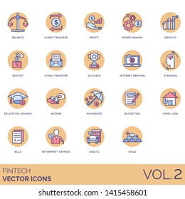 Fintech icons including balance, fund transfer, profit, growth, deposit, email, internet banking, planning, education savings, income, insurance, budgeting, home loan, bill, retirement, asset, gold.