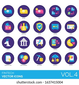 Fintech icons including dollar, bitcoin, euro, b2b, b2c, wallet, secure, safe box, check, gazelle, bank, strategy, transfer, revenue, asymmetric keys, cryptocurrency, data mining, insurtech, regtech.