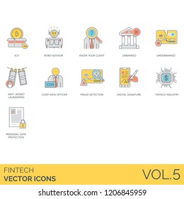 Fintech icons including ICO, robo advisor, know your client, unbanked, underbanked, anti money laundering, chief data officer, fraud detection, digital signature, industry, personal protection.