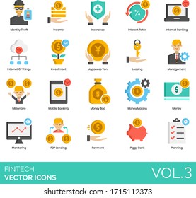 Fintech icons including identity theft, income, insurance, interest, internet of things, investment, japanese yen, leasing, management, millionaire, mobile, money bag, p2p lending, payment, piggybank.