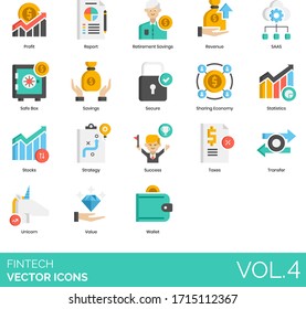 Fintech icons including profit, report, retirement savings, revenue, SAAS, safe box, secure, sharing economy, statistics, stocks, strategy, success, taxes, transfer, unicorn, value, wallet.