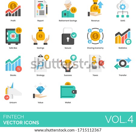 Fintech icons including profit, report, retirement savings, revenue, SAAS, safe box, secure, sharing economy, statistics, stocks, strategy, success, taxes, transfer, unicorn, value, wallet.